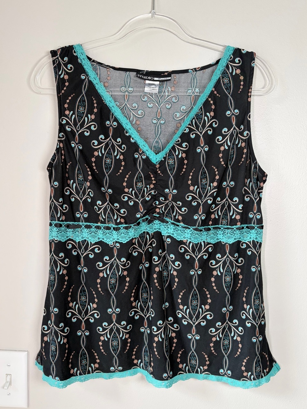Studio Donatella Y2K Black and Turquoise Lace Trim Patterned Tank Top Blouse